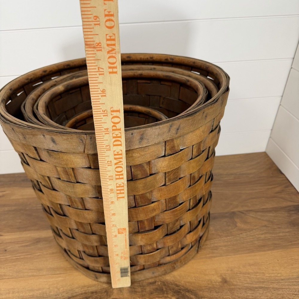 Antique S-XL Nesting Wood Splint Baskets *Flaws* Dark Woven Slats With Tacks - Picture 15 of 16